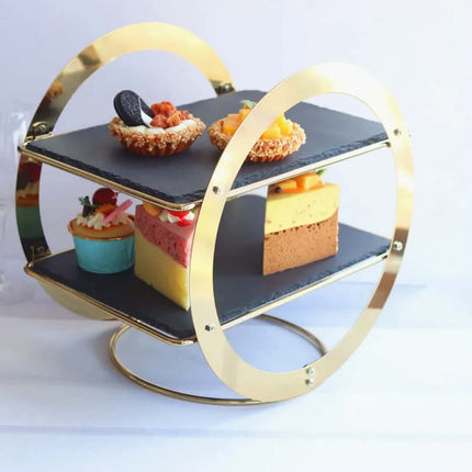 Golden Frame Dessert Display Platter Slate Cheese Board 2 Tiers Decorative Wedding Cake Stand