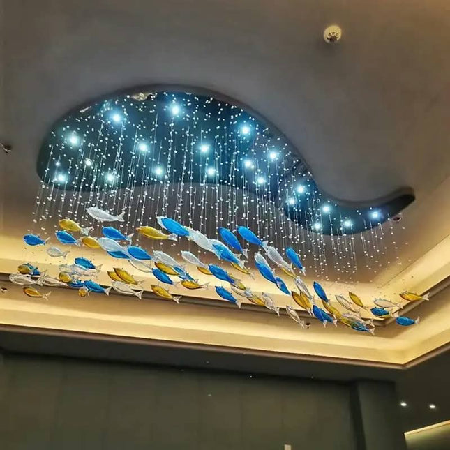Luxury Custom Ocean Theme Fish Blue Glass Decor Pendant Chandelier Ceiling Mounted Lamp Home Villa Stairs