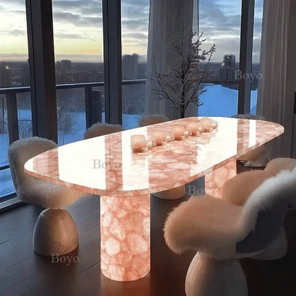 Natural Stone Backlit Marble Slabs Furniture Backlit Led Illuminated Marble Table Rectangular White Onyx Lumistone Dining Table