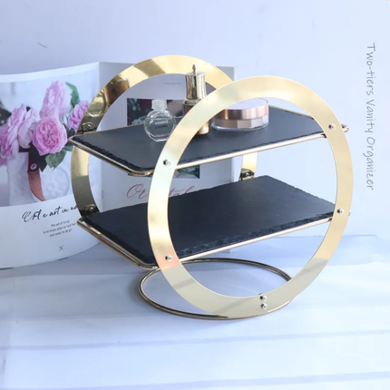 Golden Frame Dessert Display Platter Slate Cheese Board 2 Tiers Decorative Wedding Cake Stand