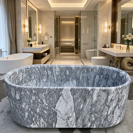 Modern Polished Grey Marble Freestanding Soaking Tub for High-End Villa Hotel Resort & Luxury Bathroom Decor