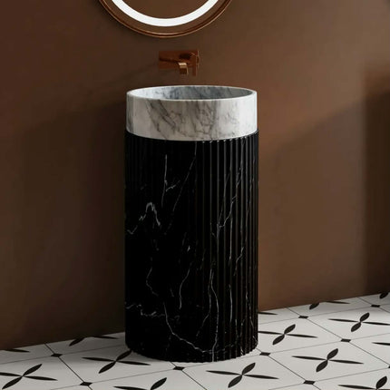 Natural Carrara White Stone Wash Basin With Black Marble Pattern Artificial Stone Pedestal Round Free Standing Bathroom Sinks