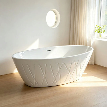 Acrylic Soaking Standing Bathtub White Oval Apron Withe Acrylic Freestanding Bath Tub with Decorative Pattern Surface Design