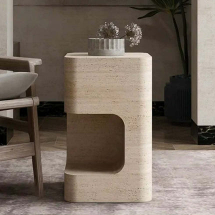 SAIDKOCC 40x40x50cm Wabi Sabi Style Natural Marble Travertine Bedroom Bedside Table Living Room Side Table Home Decoration Beige