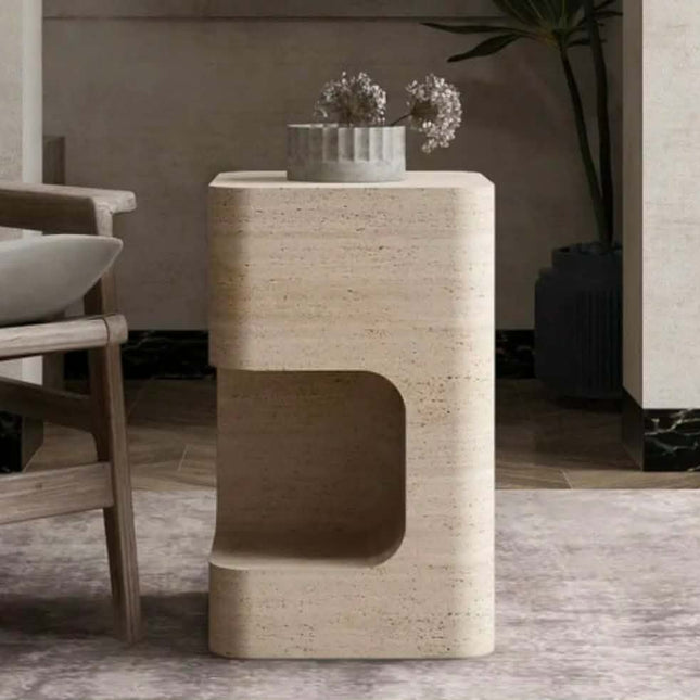 SAIDKOCC 40x40x50cm Wabi Sabi Style Natural Marble Travertine Bedroom Bedside Table Living Room Side Table Home Decoration Beige