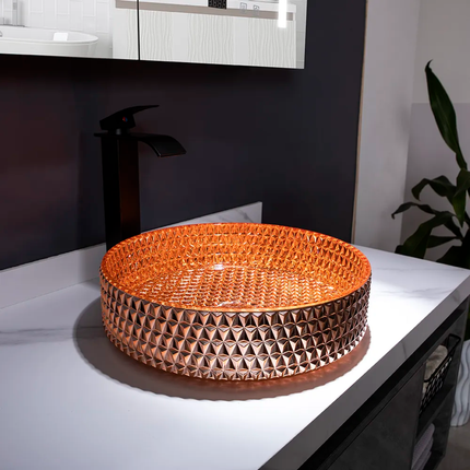 New Arrival Diamond Design Bathroom Sanitary Ware Luxury Orange Unique Glass WashBasin