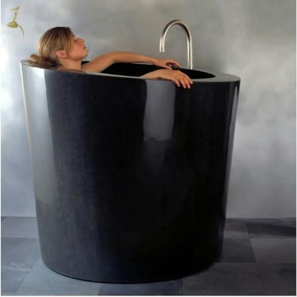 Japanese Deep Oval Soaking Stone Bathtub Black Marble Soaking Bathtub Granite With Head Rester