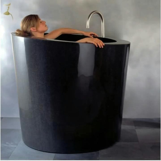 Japanese Deep Oval Soaking Stone Bathtub Black Marble Soaking Bathtub Granite With Head Rester