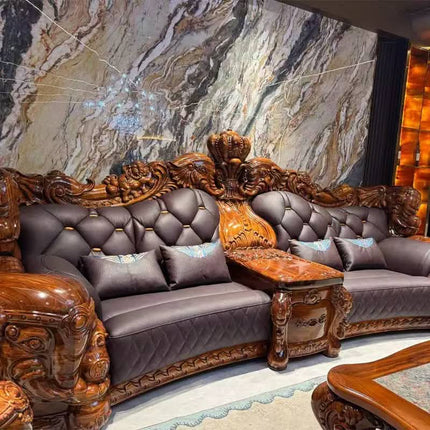 High End Ebony Sectional Sofa Combination Set Handcrafted European Design Genuine Leather Sturdy Frame Recessed Arms Comfortable
