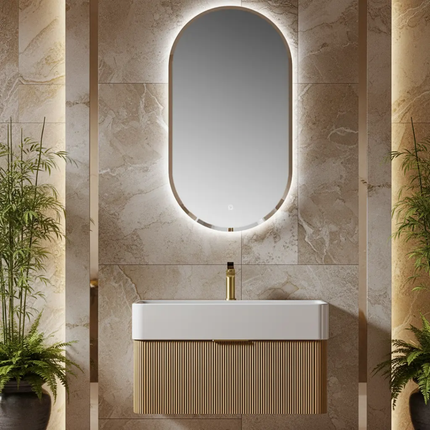 Artistic luxury fluted wood floating vanity with oval LED backlit mirror, elegant and functional design.