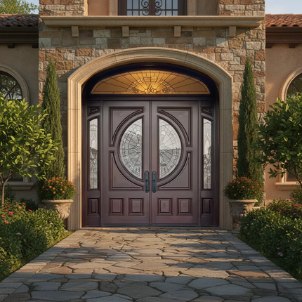 Postmodern Style Solid Wood Glass Arched Double Door Entrance Door Waterproof Living Room Entrance Door