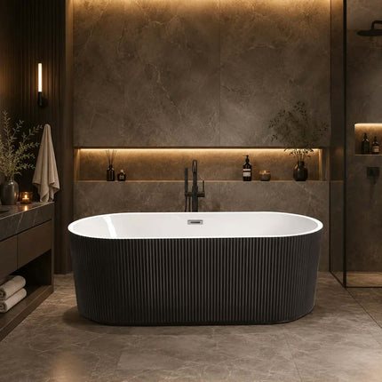 Freestanding Soaking Bathtub with Ribbed Fluted Vertical Pattern for Luxury Hotel Project 1700mm Two Tone Black Acrylic Oval