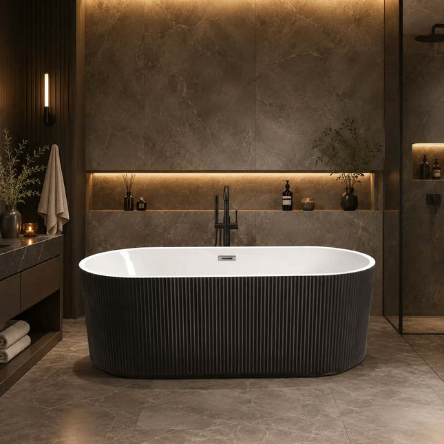 Freestanding Soaking Bathtub with Ribbed Fluted Vertical Pattern for Luxury Hotel Project 1700mm Two Tone Black Acrylic Oval