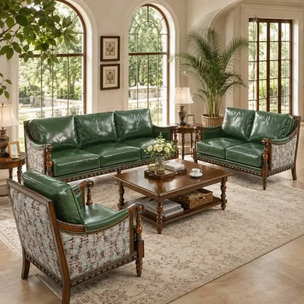 Modern Green Leather Sofa Set Solid Wood Frame Living Room Apartment Dining Couch Elegant Luxury Seating Furniture