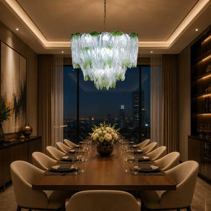 Luxury Green Art Glass Chandelier Tiered Leaf Design Pendant Light for Living Room Dining Room Hotel Decor Lamp