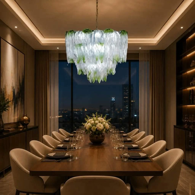 Luxury Green Art Glass Chandelier Tiered Leaf Design Pendant Light for Living Room Dining Room Hotel Decor Lamp