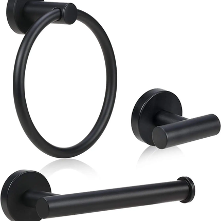 Set of black bathroom accessories including a towel ring, toilet paper holder, and robe hook on a white background.