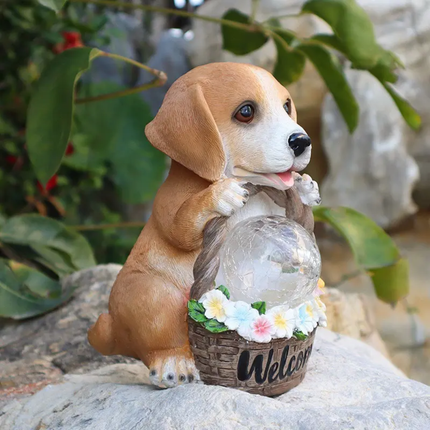 Outdoor Courtyard Solar Animal Statue Ornament Garden Resin Craft Realistic Dog Sculpture