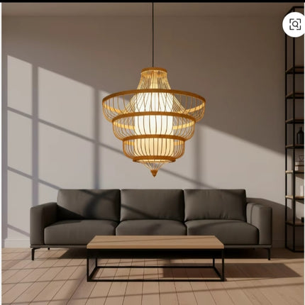 Modern Rattan Tiered Pendant Light – Boho Bamboo Hanging Chandelier for Living Room, Dining Area & Contemporary Home Decor