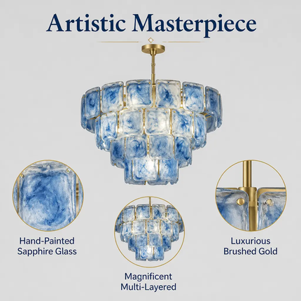 Modern Luxury Tiered Blue Art Glass Chandelier Gold Brass Art Deco Round Pendant Light for Living Room Dining Room Decor