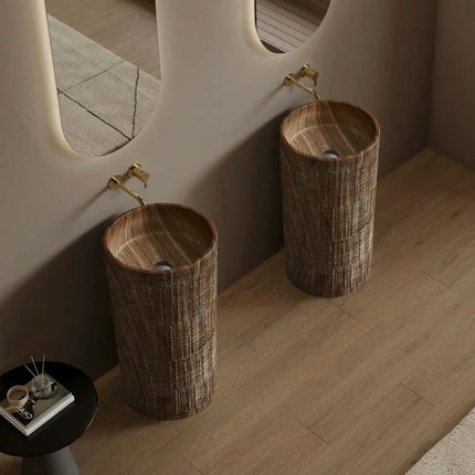SDAYI Modern Designer Acrylic Pedestal Sink Surface Bathroom Wash Basin Colorful Artificial Stones Wood Grain Finish