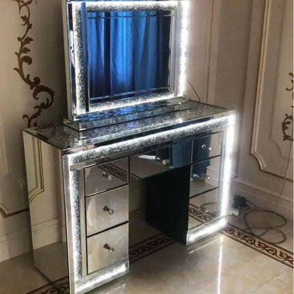 New Design Girls Luxury Crushed Diamond Top Mirrored Dressing Table With LED Lights