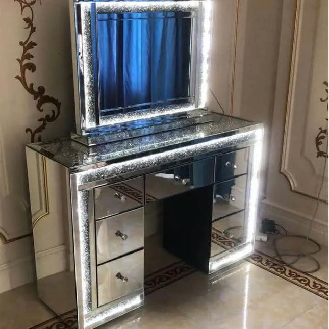 New Design Girls Luxury Crushed Diamond Top Mirrored Dressing Table With LED Lights