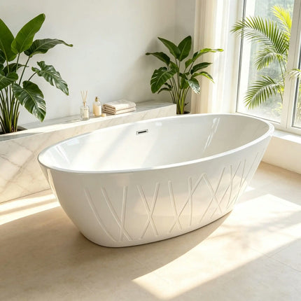 Acrylic Soaking Standing Bathtub White Oval Apron Withe Acrylic Freestanding Bath Tub with Decorative Pattern Surface Design