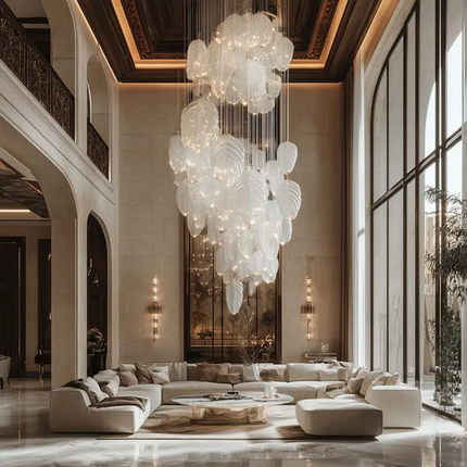 Custom White Feather Glass Round Modern High Hanging Pendant Lamp Large Luxury Chandelier
