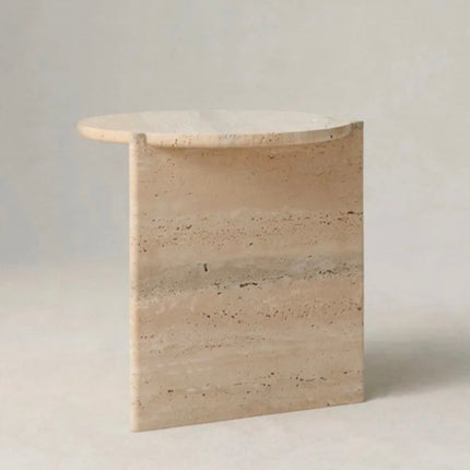 Dream Home Modern Beige Travertine Side Table Round Top Triangular Shelf Base Minimalist Living Room Sofa Accent Table