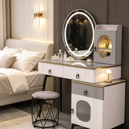 Modern Luxury Minimalist Solid Wood Durable Customizable Multi-Purpose Makeup Vanity Lighted Oval Mirror Storage Drawers  Bedroom