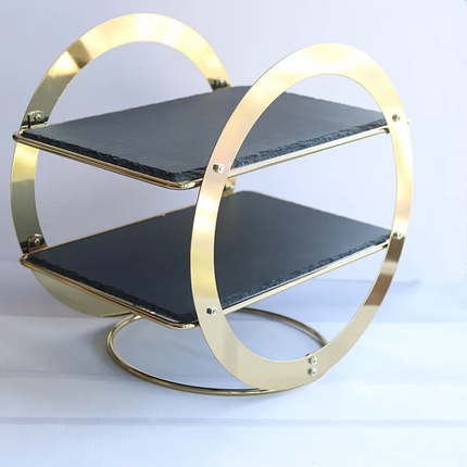 Golden Frame Dessert Display Platter Slate Cheese Board 2 Tiers Decorative Wedding Cake Stand
