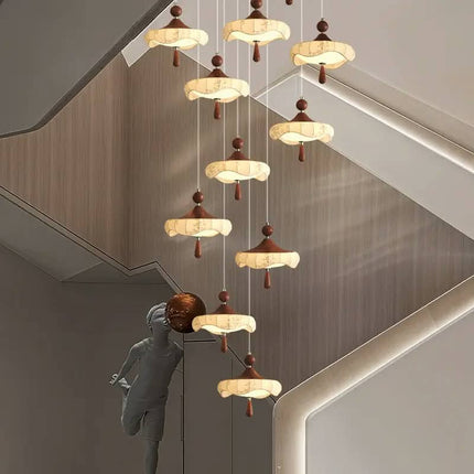 Staircase High Ceiling Chandelier Minimalist Villa Duplex Loft Stairs Hanging Lights Walnut Wood Color Chandelier Lighting