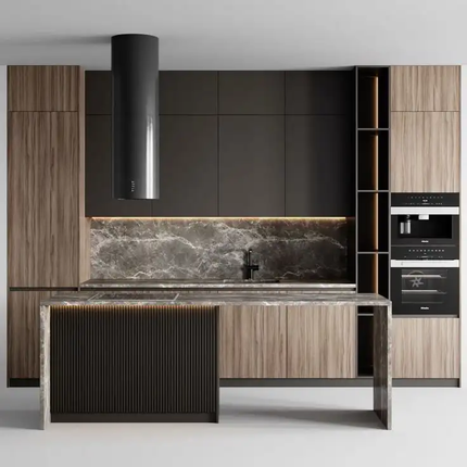 Customized Modern Natural Wood Semi-Gloss Walnut Veneer L-Shaped Kitchen Cabinet African Projects MDF Carcase Hidden Hinges Sink