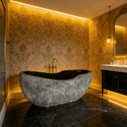 Luxury Irregular Dark Black Marble Bathtub Corner Freestanding Natural Stone Soaking Tub For Hotel Home Concrete Style