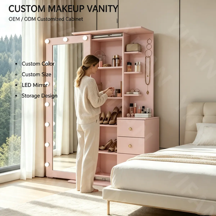 Modern MDF Makeup Vanities  Different Color Customized Dressing Table Standing Lighted Mirror  Storage  Cabinet  Bedroom Furniture