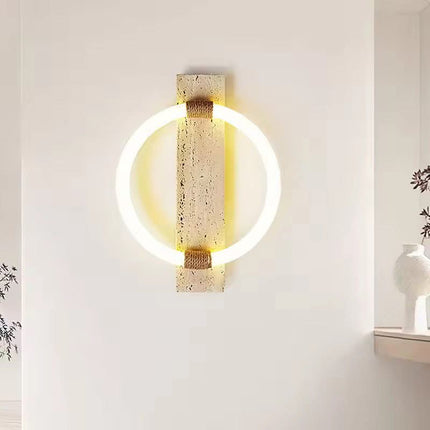 Natural Travertine MidCentury LED Wall Sconce Wabi Sabi Rope Wrapped Circular Warm White Light Bedroom Farmhouse Indoor Decor
