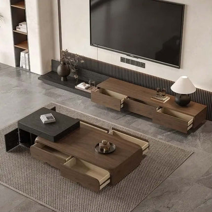 Made of concrete Mid-Century Modern Small-Sized Apartment Living Room Home Walnut Color Retractable Square Coffee Table