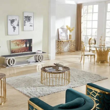 Modern Round Glass Gold Dining Table with Metal Frame 6 Chairs Set for Hotel & Home Office Use Home Furniture
