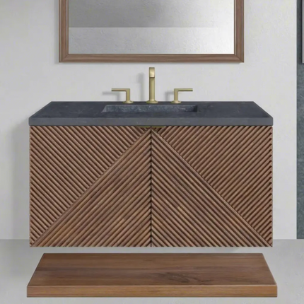 Modern custom double‑sink vanity, carved shaker wood, smart mirror, and towel storage included.