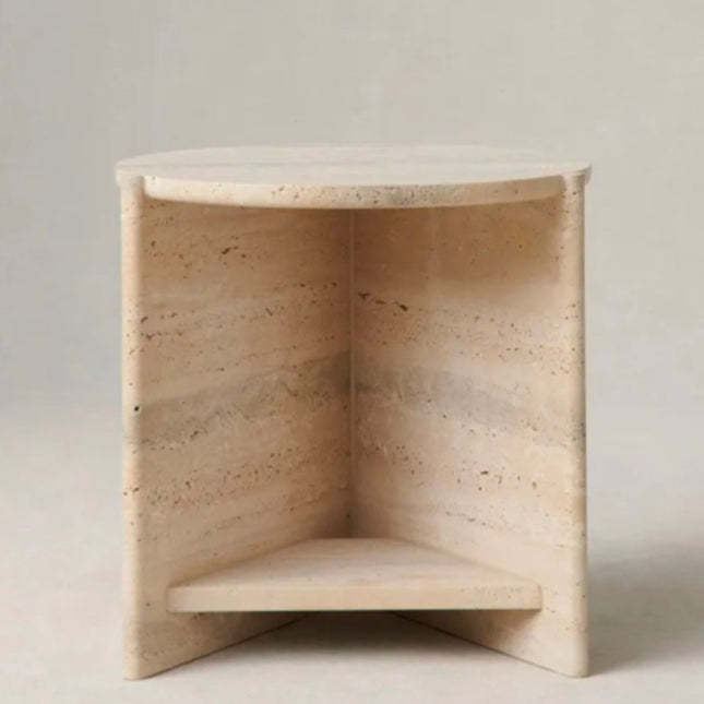 Dream Home Modern Beige Travertine Side Table Round Top Triangular Shelf Base Minimalist Living Room Sofa Accent Table
