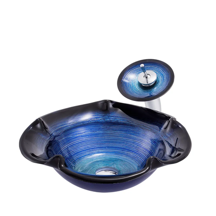 Flower Shape Blue Tempered Glass Countertop Basin Colorful Wash Basin Bathroom Simple Basin With Waterfall Faucet