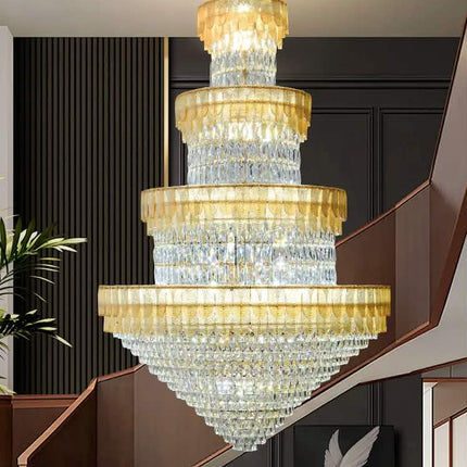 Luxury LED K9 Crystal Chandelier Lighting Modern Duplex Hotel Villa Large 4-Layer Pendant Light
