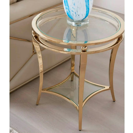 Luxury Gold Metal Side Table Round End Table with Double Glass Shelves for Living Room Elegant Modern Home Decor Furniture