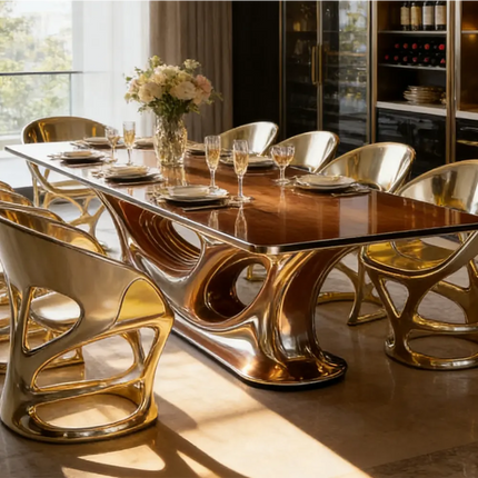 Modern Luxury Dining Table Set Gold Fiberglass Frame Glossy Marble Top Furniture