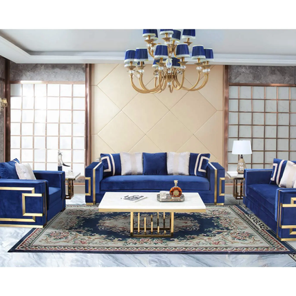 Grand Blue Velvet Elite Sofa with Striking Golden Details Premium Quality