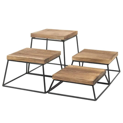 Burnt Wood & Black Metal Polished Square Retail Food Display Risers/Pizza Stands Holiday Decoration Set Of 4