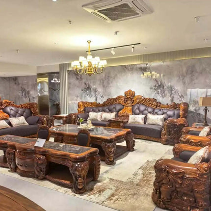 High End Ebony Sectional Sofa Combination Set Handcrafted European Design Genuine Leather Sturdy Frame Recessed Arms Comfortable