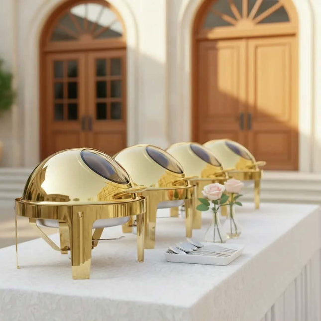 Golden Round Chafing Dish 6L Stainless Steel Buffet Food Warmer With Alcohol Stove For Hotel Catering Wedding Restaurant