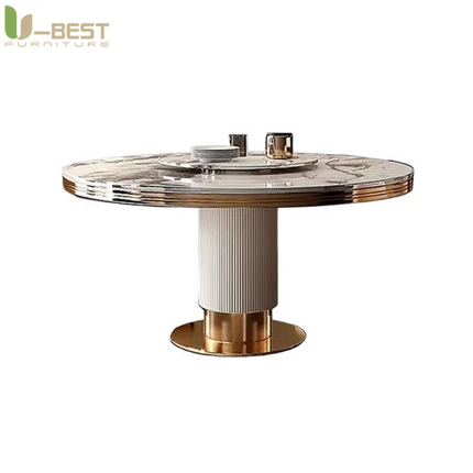 Designer Luxury Round Dinning Room Marble Rock Slab Dining Table Set 4 6 Chairs Mesa De Comedor Marbre Stainless Steel Gold Base